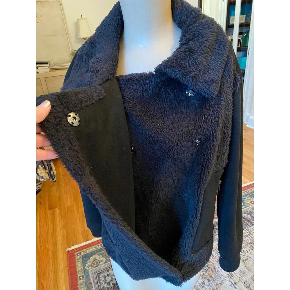Democracy Black Asymmetrical‎ Zip Faux Fur Moto Jacket Women's L